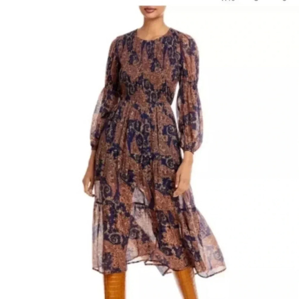 Aqua Women's Midi Long Sleeve Paisley Smocked Dress Size XS Slightly Sheer